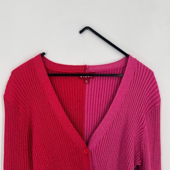Staud Cargo Two Tone Rib Knit Metallic Sweater Cardigan In Lava & Peony - Picture 2 of 8